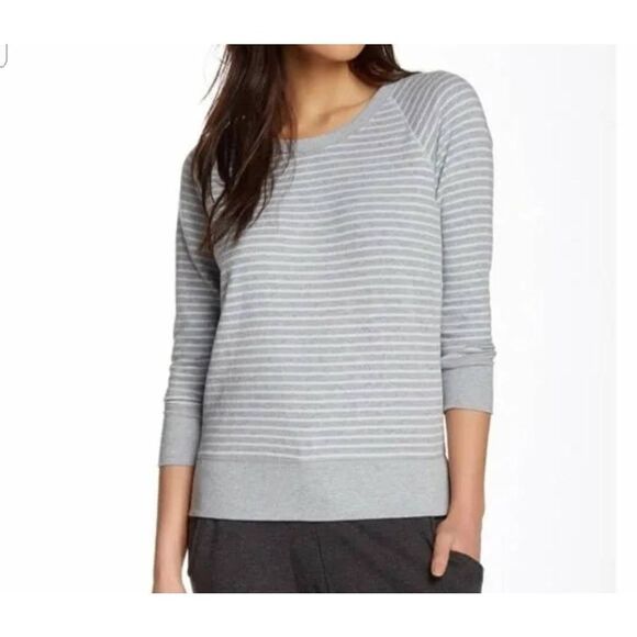 Standard James Perse Women's Gray and White Striped 3/4 Sleeve Pullover Sweatshi - Picture 1 of 5